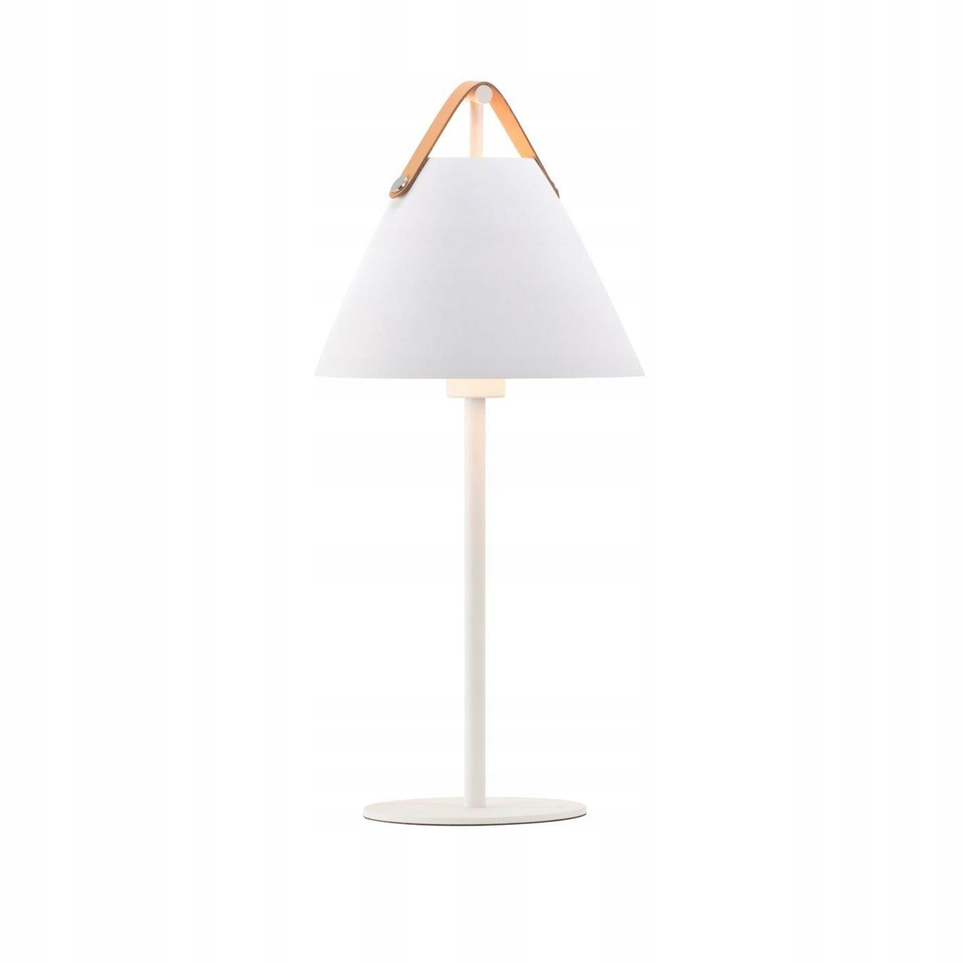 Nordlux Strap stolná lampa biela, kov a koža, E27, priemyselný design