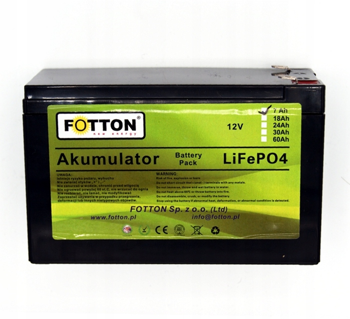 Akumulator LIFEPO4 7Ah 12V Bms Fotton litowo-jonowy (Li-Ion)
