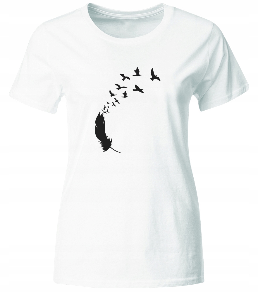KOSZULKA DAMSKA PTASIE PIÓRO. MODNY T-SHIRT, BIAŁA, ROZ. M