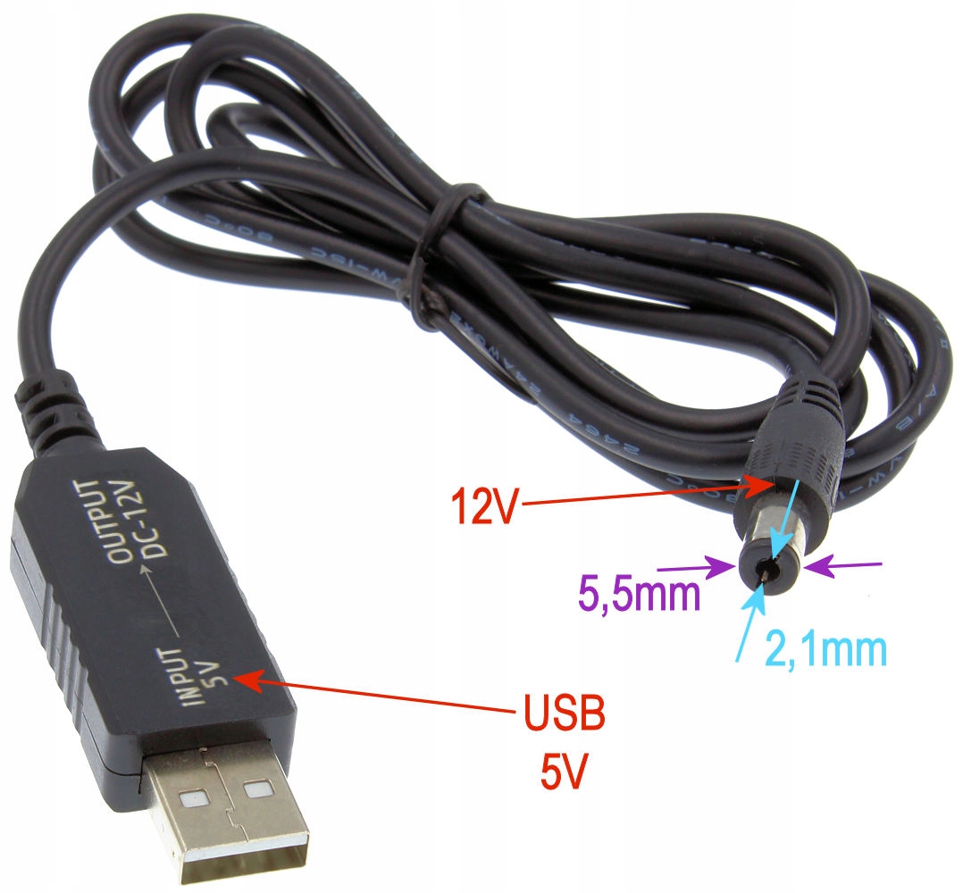 Kabel Przetwornica USB Wtyk DC 5,5x2,1mm 5V na 12V - Sklep, Opinie, Cena w