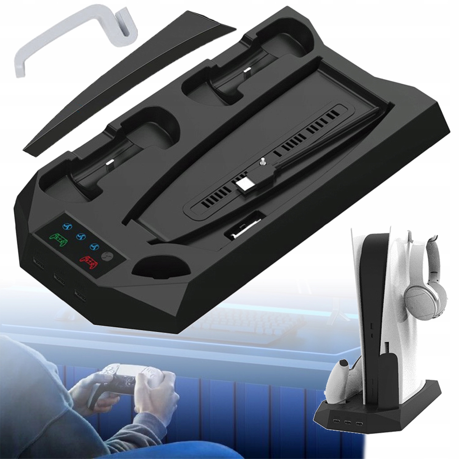 Podstawka Chłodząca PS5 ze Stacją Ładowania Dwóch Kontrolerów, Czarny