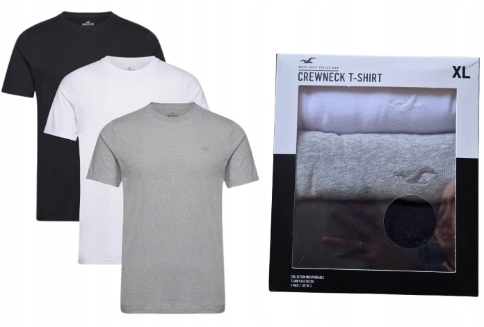 3x tričko Hollister tričko XL 3PAK abercrombie bílá šedá černá