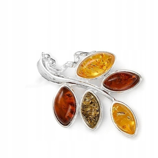 Stříbrná Brož S Baltským Jantarem List Větvička
