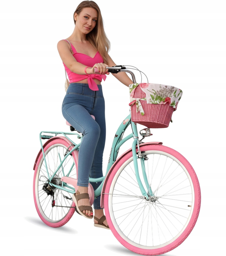 Piękny Rower Damski 28 Cali Koła Niebieski Shimano 6BIEGÓW Z Różowym Koszem