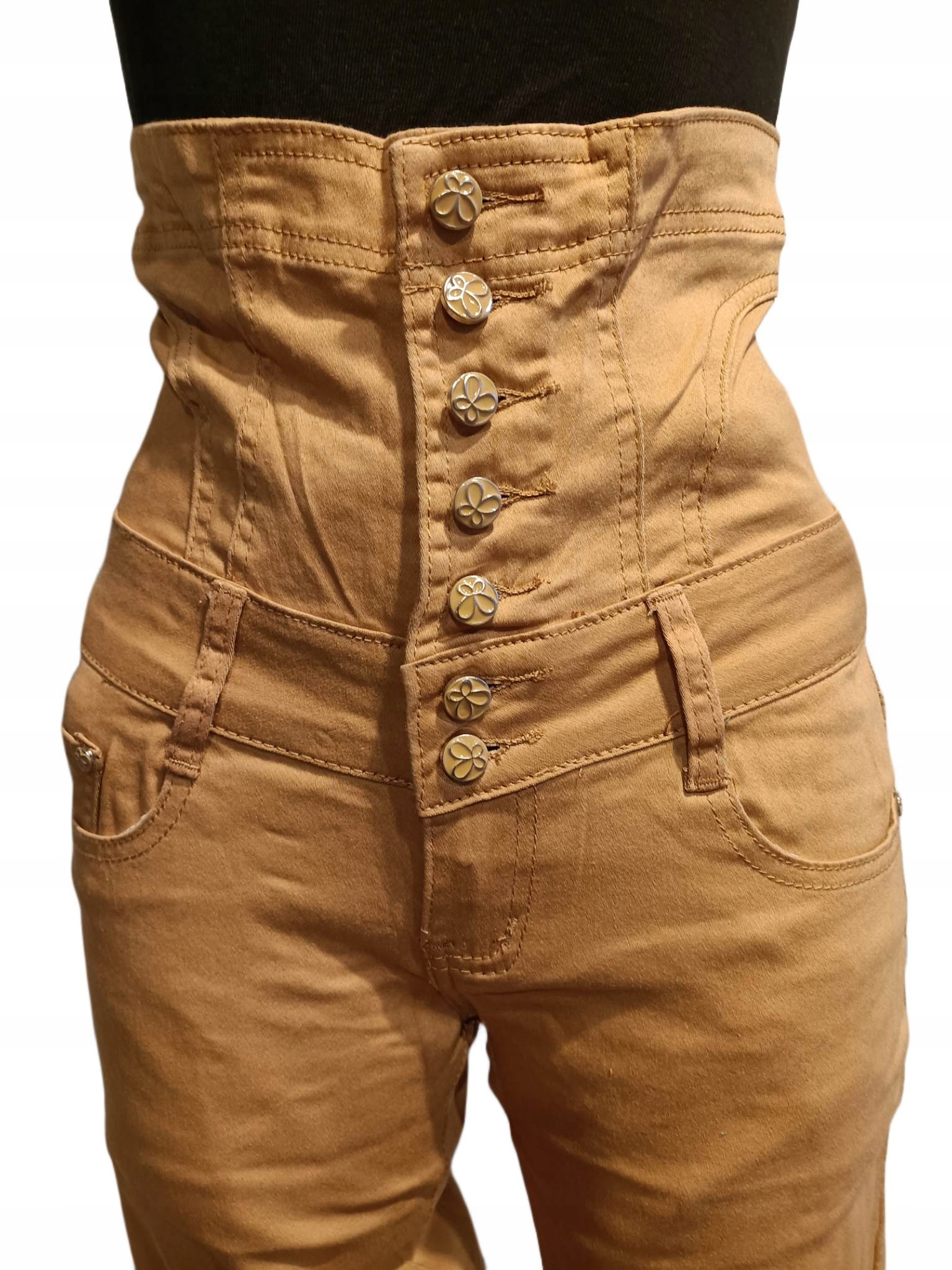 spodnie brązowe wysoki stan z guzikami r.L Model wysoki stan