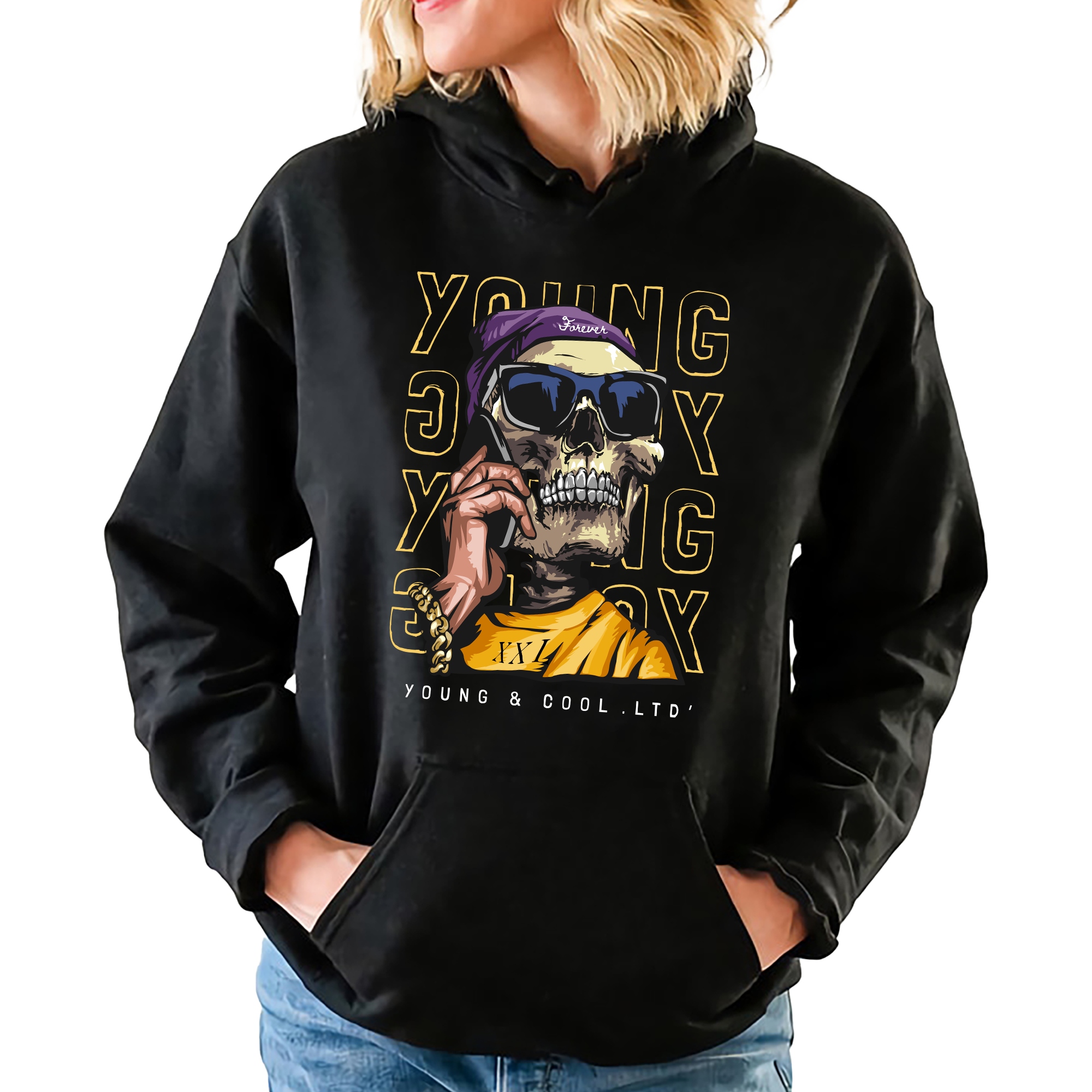 Mikina S Kapucí Černá Young & Cool Pro Mládež Stylové Trendy Vzory S