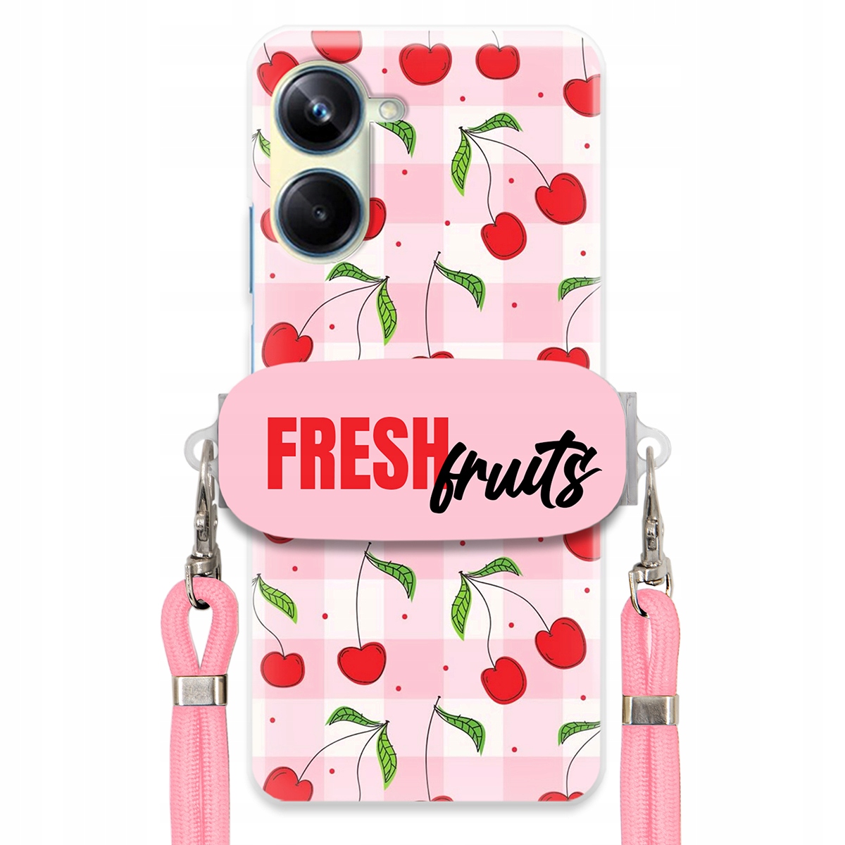 Puzdro pre Realme 10 Pro 5G Case Držiak šnúrok Ružový Fresh Fruits Mriežka