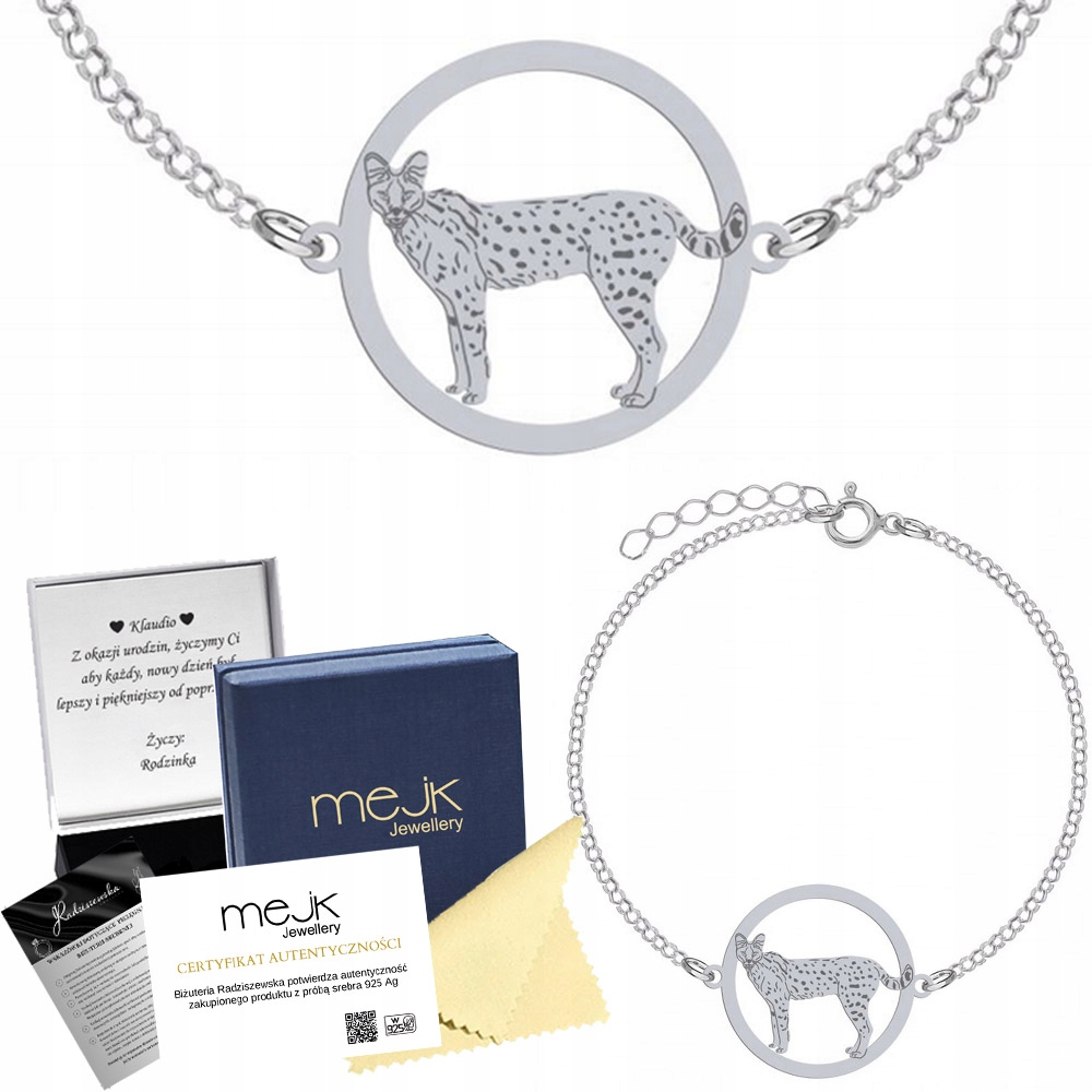 Stříbrný náramek s kočkou Africký serval 925 Dárek Šperky Gravírování