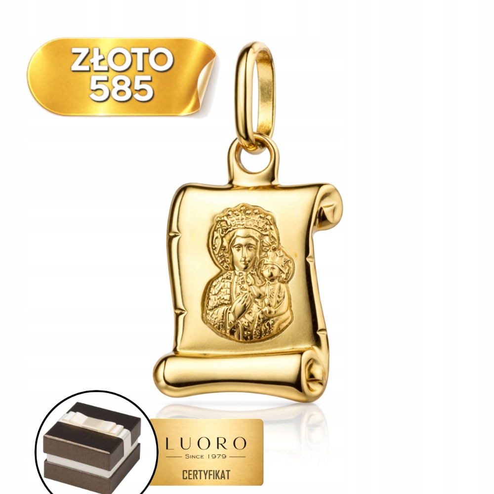 Zlatý medailon 585 14K Panna Maria Čenstochovská Papyrus 19 MM Elegantní