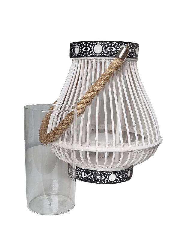 

Lampion biały drewniany szklany latarenka ratanowa