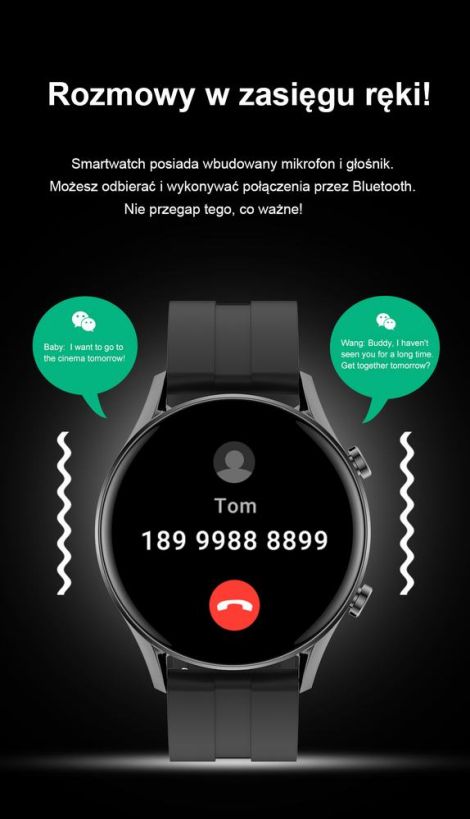 SMARTWATCH ZEGAREK Męski Fitnes FB SMS Rozmowy Kolor czarny