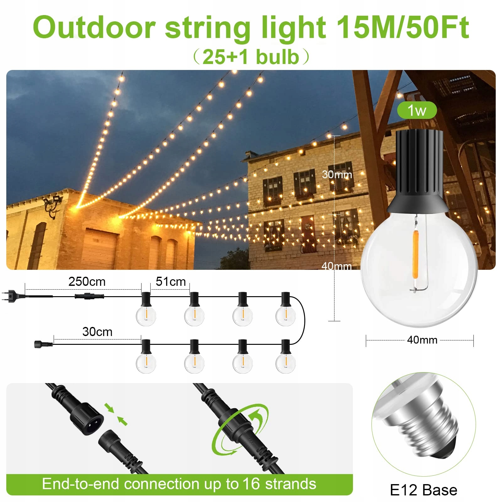 LED LAMPKI OGRODOWE 15M 25+1 G40 WODOODPORNE NA ZEWNĄTRZ I WEWNĄTRZ — miniatura 4