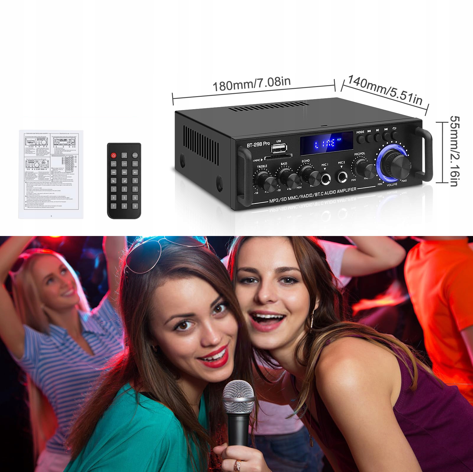 WZMACNIACZ STEREO HIFI KANAŁ 2.0 BLUETOOTH 5.0 Z ANTENĄ Z RADIO FM 50W Współczynnik sygnał/szum 80 dB