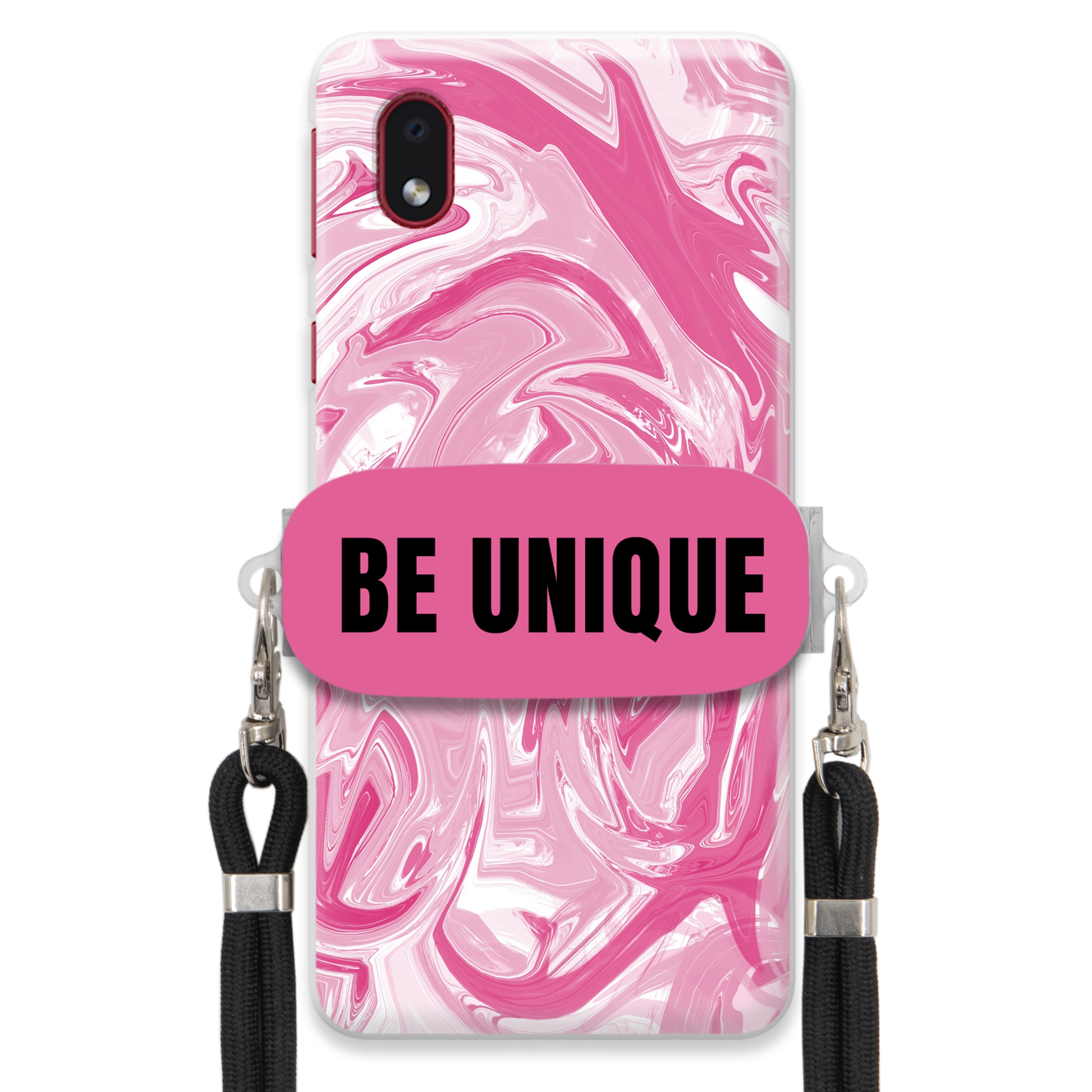 Puzdro pre Samsung A01 Core Case držiak na šnúrku Čierna Ružová Mramor Unique