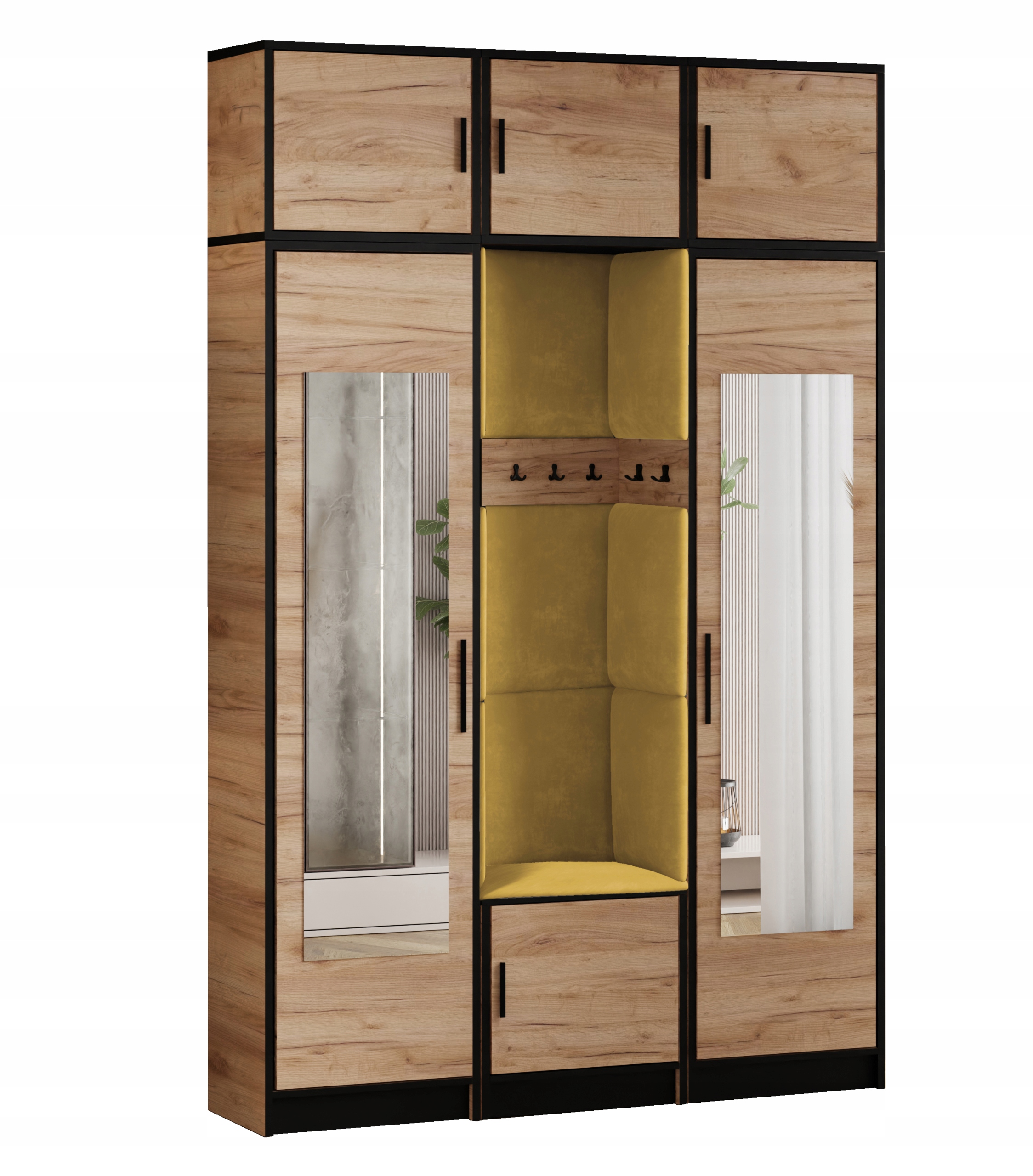 Šatní skříň Dior 12 dub craft zlatý žlutá tkanina zrcadlo s nástavcem