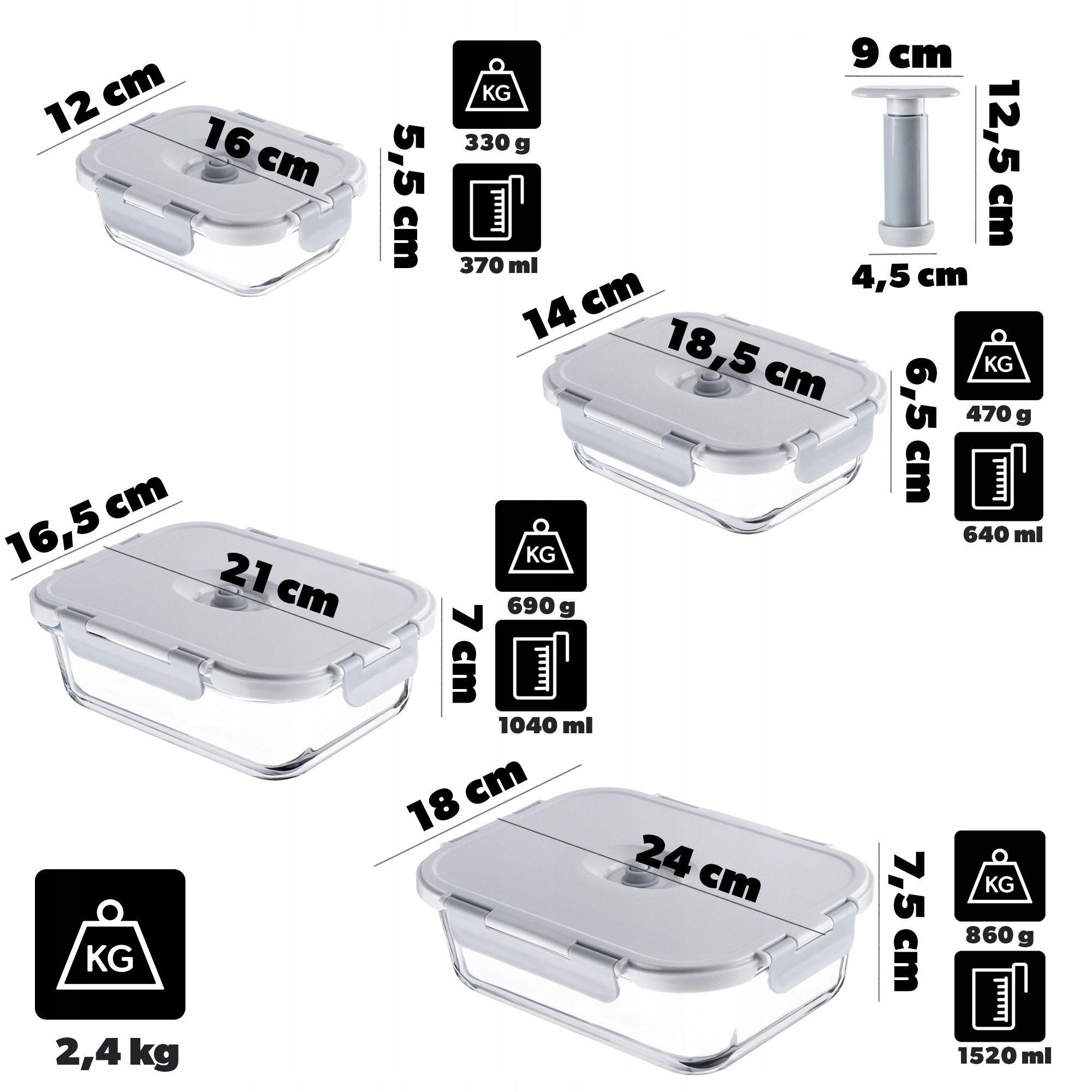 POJEMNIKI NA ŻYWNOŚĆ SZKLANY ZESTAW POJEMNIKÓW PRÓŻNIOWE 4x LUNCHBOX POMPKA Marka Kadax