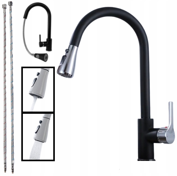 Kuchyňská nástěnná baterie s výsuvným dotykovým výtokem moderní černá 360