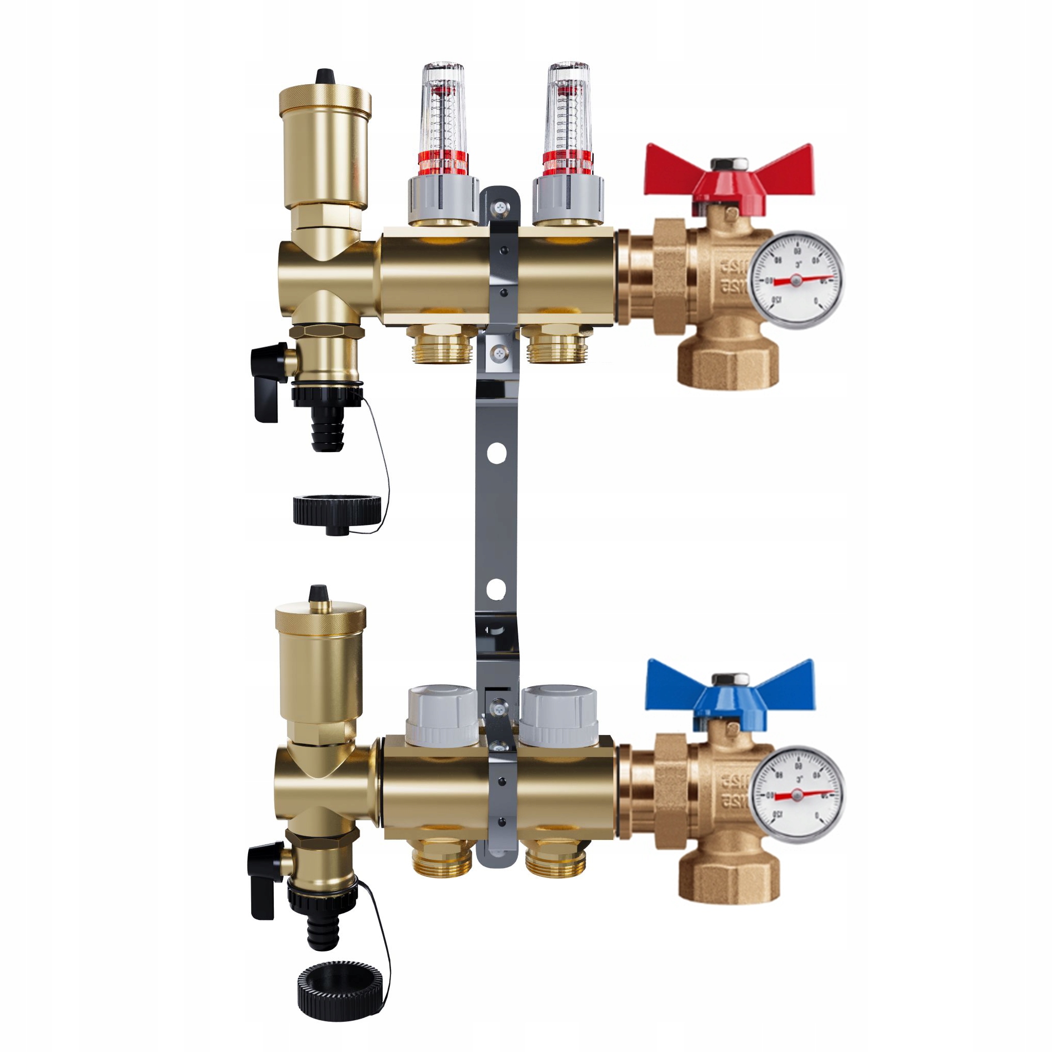 Rozdělovač mosazný Podlahovky 2 okruhů Kulové ventily Teploměr