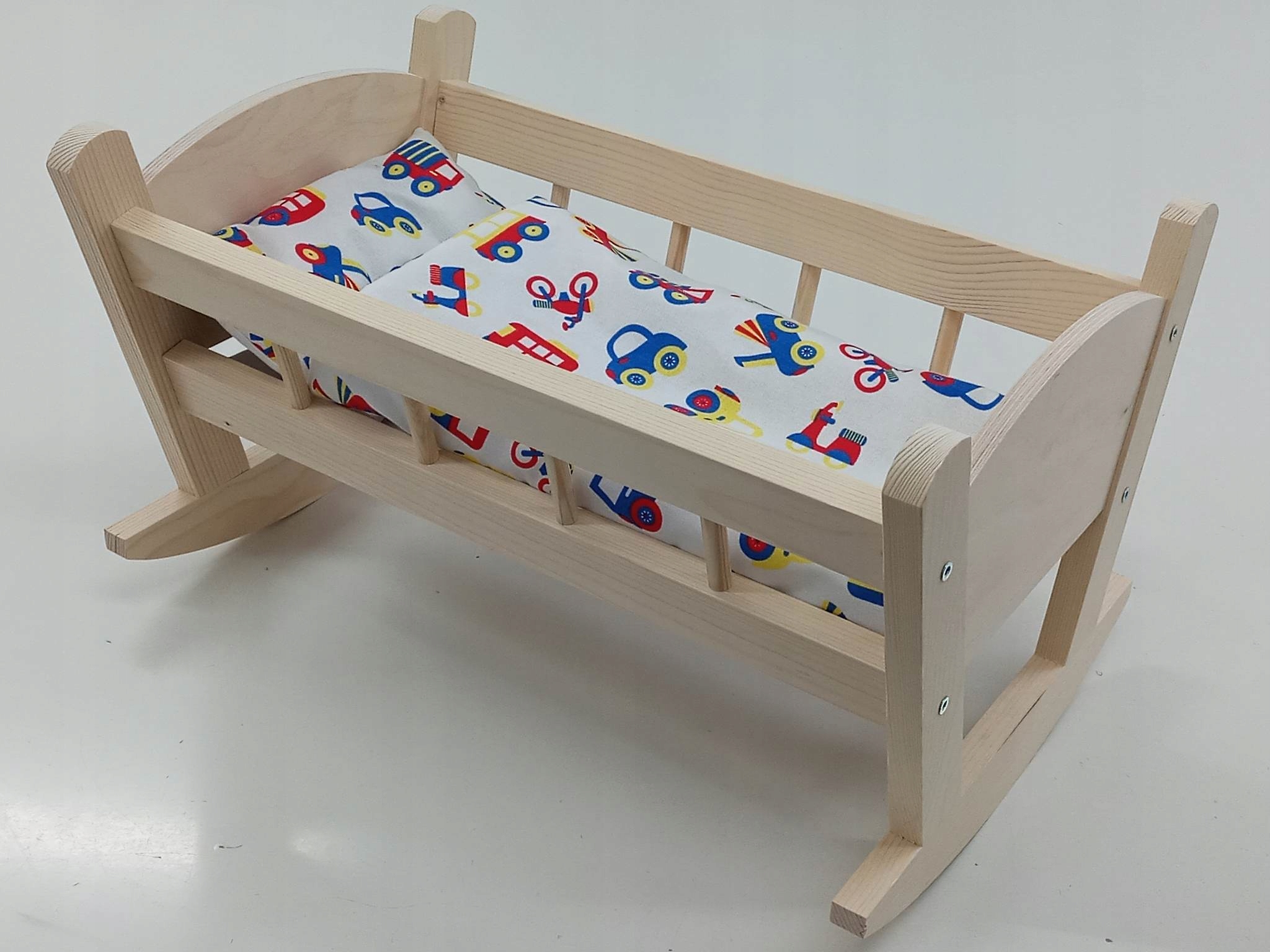 KOŁYSKA DREWNIANA dla lalek NIEMALOWANA + POŚCIEL