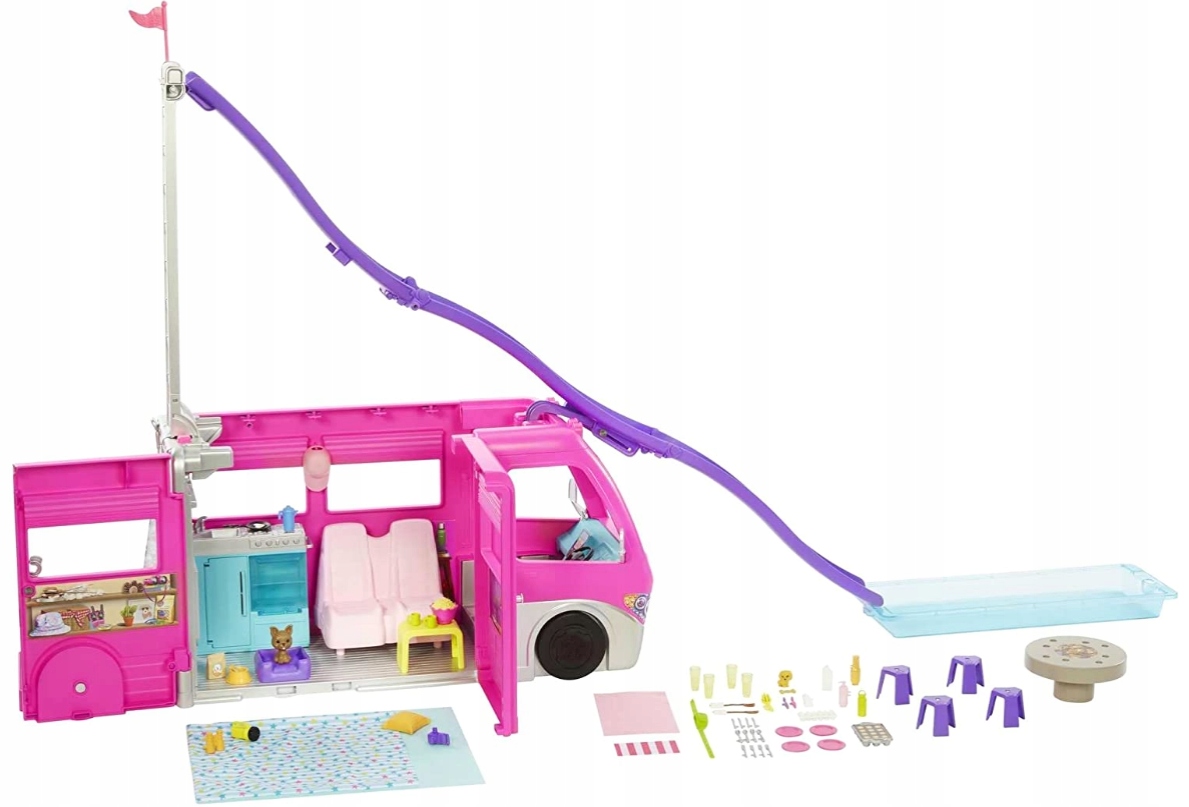 KAMPER BARBIE MARZEŃ DUŻY RÓŻOWY 60 ELEMENTÓW Z BASENEM KUCHNIĄ NA MIKOŁAJA Wysokość produktu 3 cm