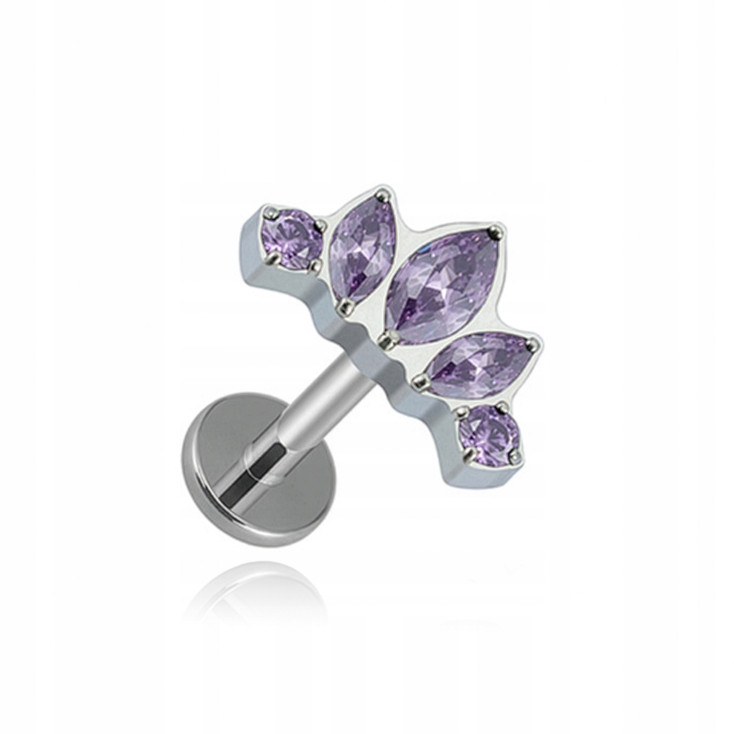 Titanový náušník labret cluster s fialovými zirkony stříbrný 1,2/8