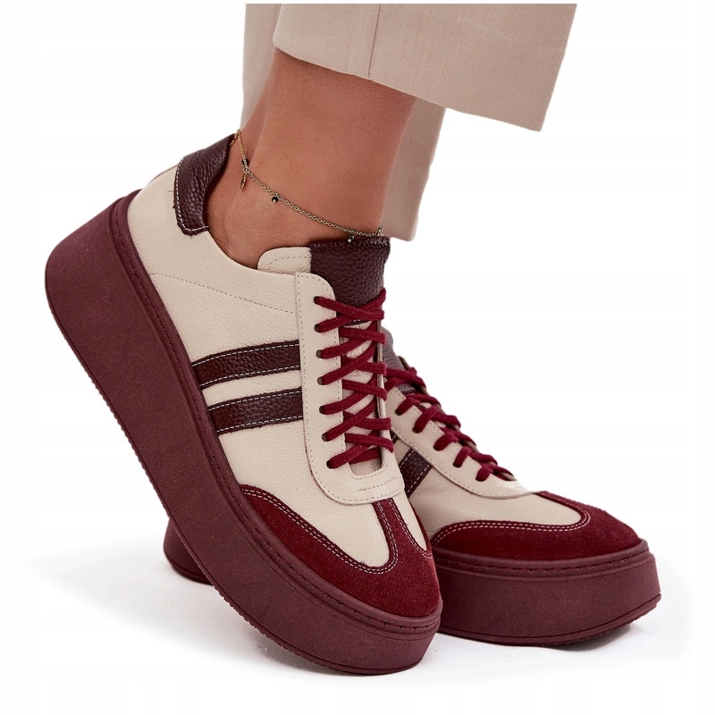 Dámské Tenisky Z Přírodní Kůže Platforma Zazoo 3775 Béžová-bordová 41