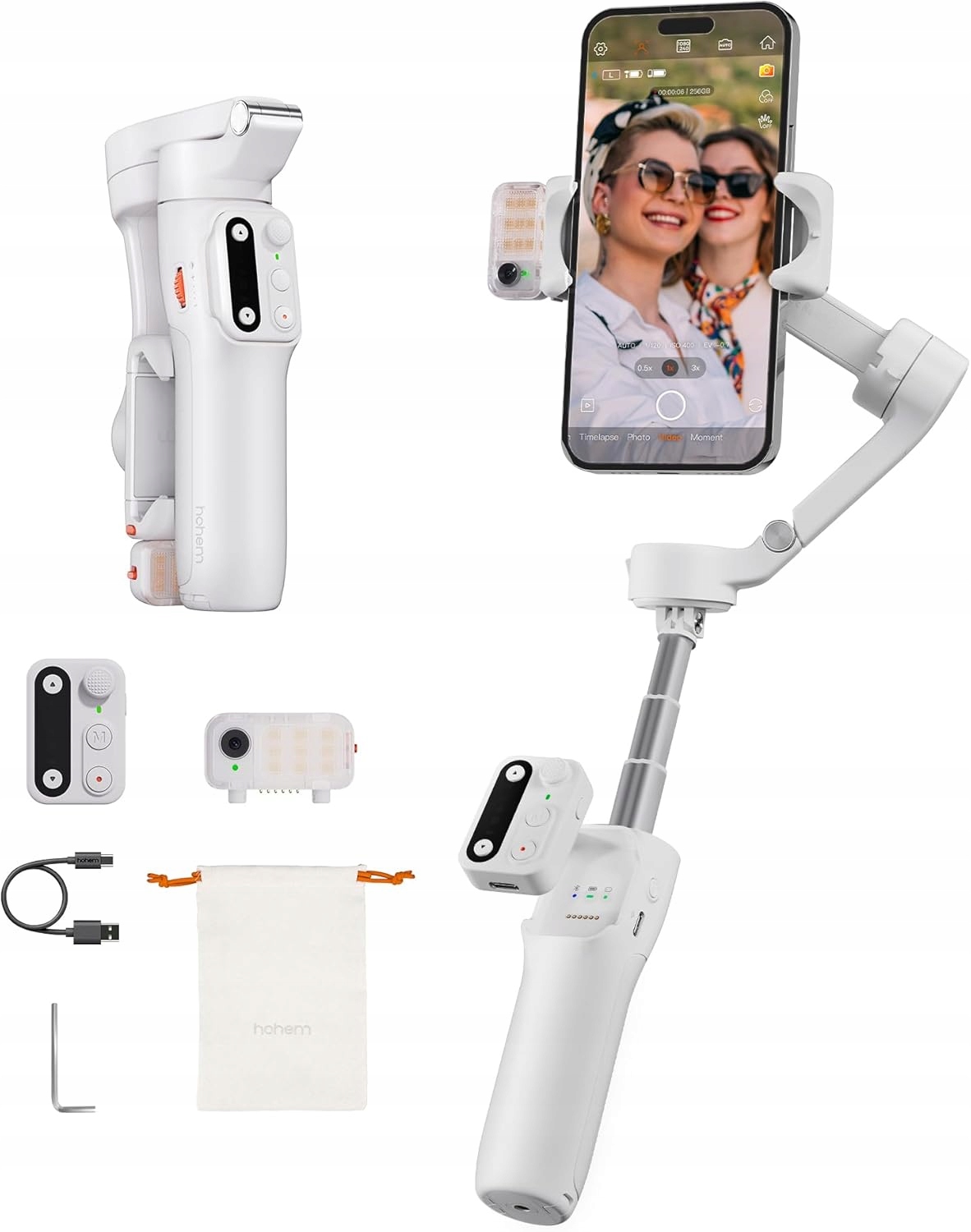 Gimbal 3-osiowy, wysięgnik do telefonu Hohem iSteady V3 Biały z lampą Led