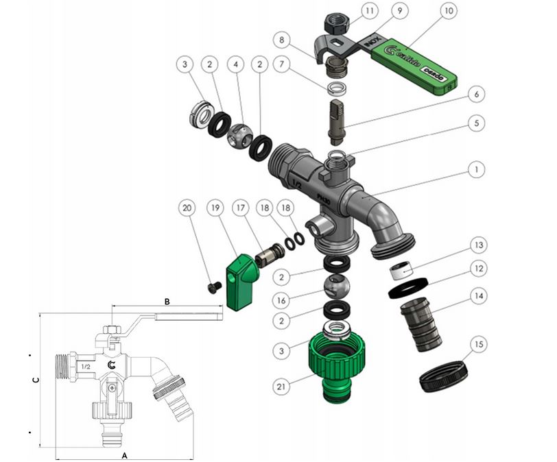 Kran ogrodowy MROZOODPORNY podwójny 1/2x3/4x3/4 + teflon unitape Kod producenta CA/ZK-CZ1/2BIS