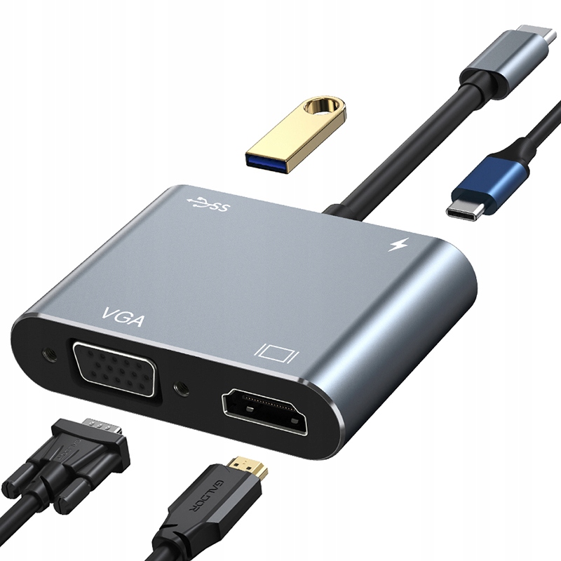 Hub 4 en 1 USB-C 3.1 a USB 3.0 USB-C HDMI 4K VGA Gris — ZonaTecno