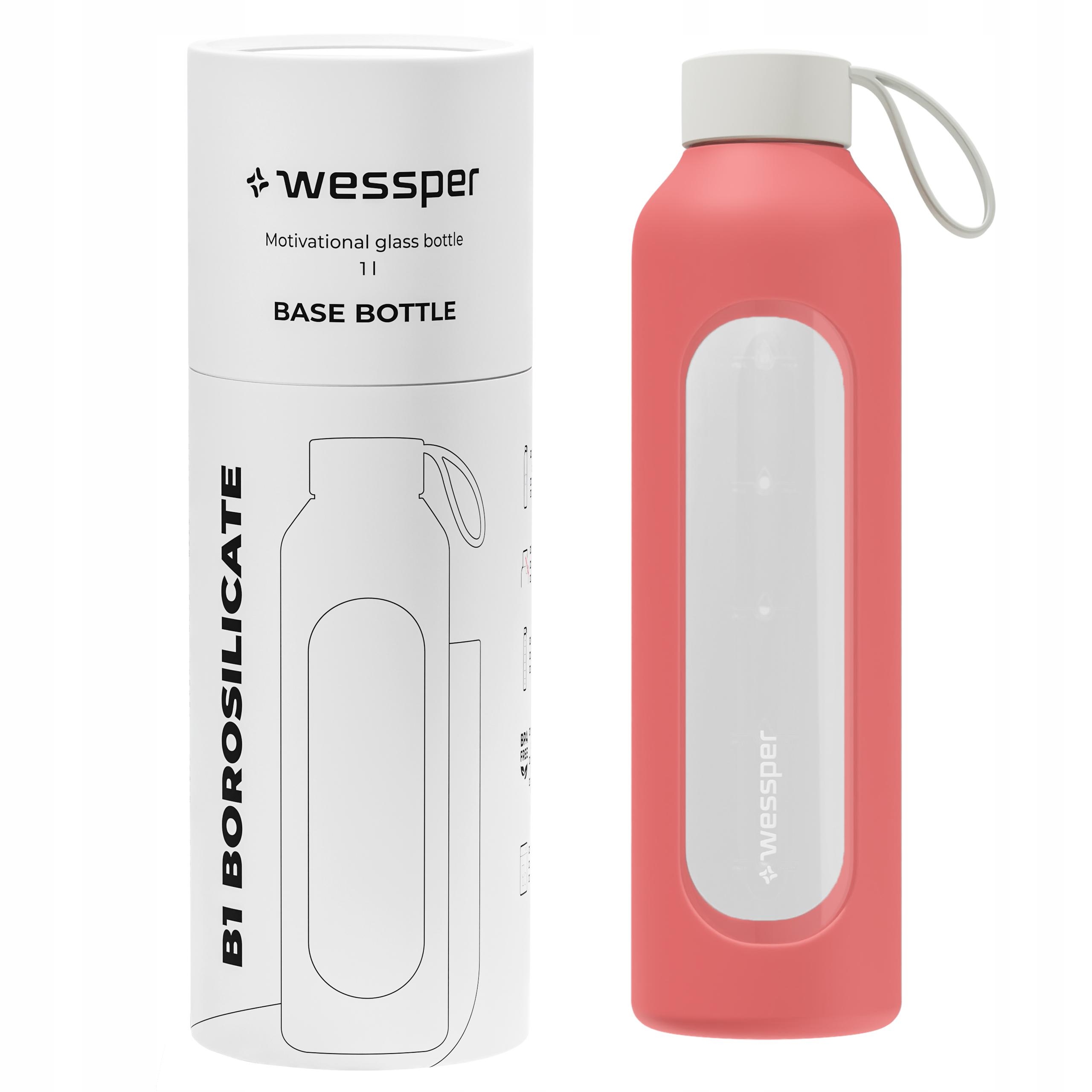 Wessper B1 butelka szklana na wodę z miarką silikonowa osłonka 1000ml