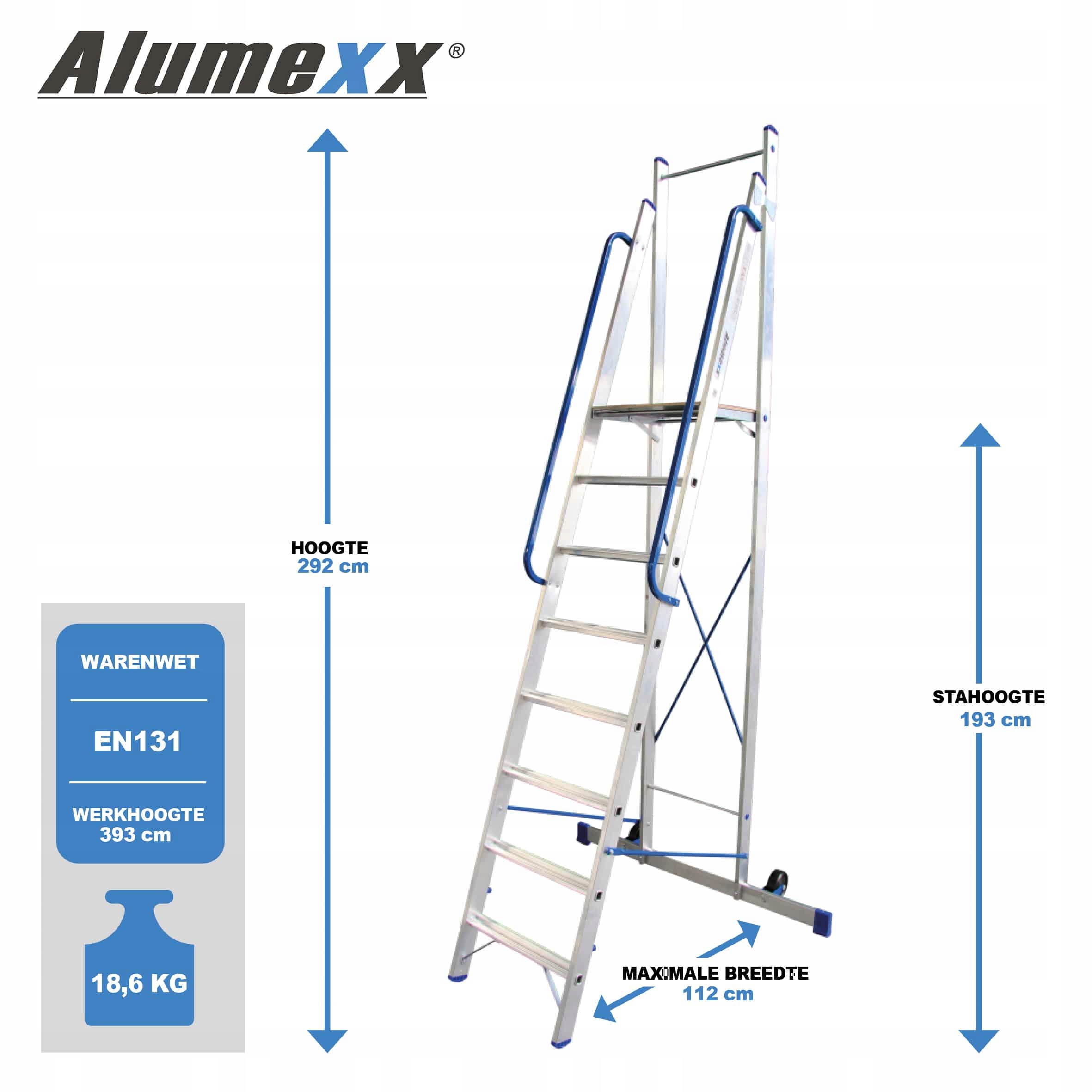 Drabina magazynowa Alumexx 8 (7+1) wys. rob. 3,93m Marka Alumexx