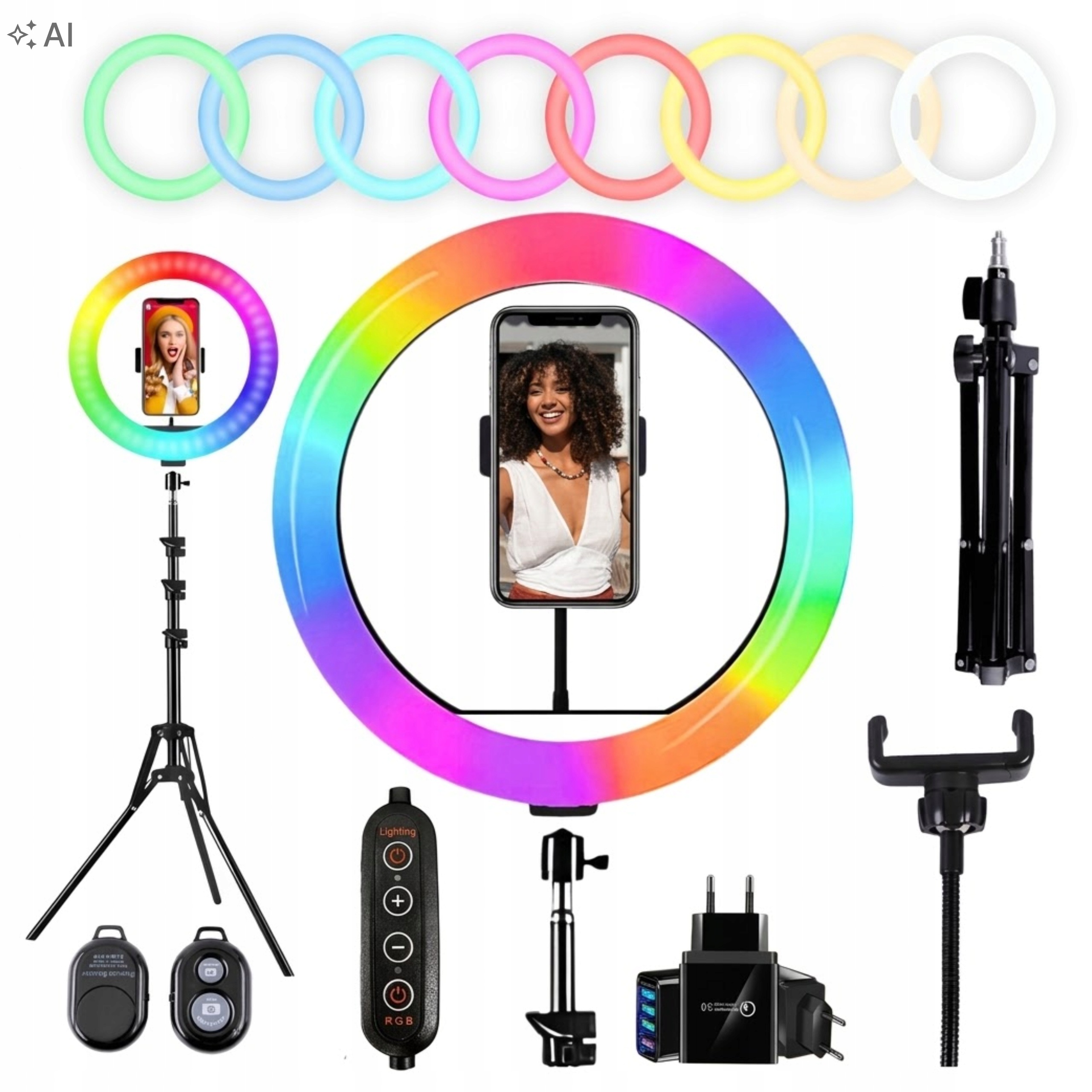 Kruhová lampa Rgb Ring 36 cm 60 W stativ 220 cm dálkové ovládání Bt napájecí adaptér