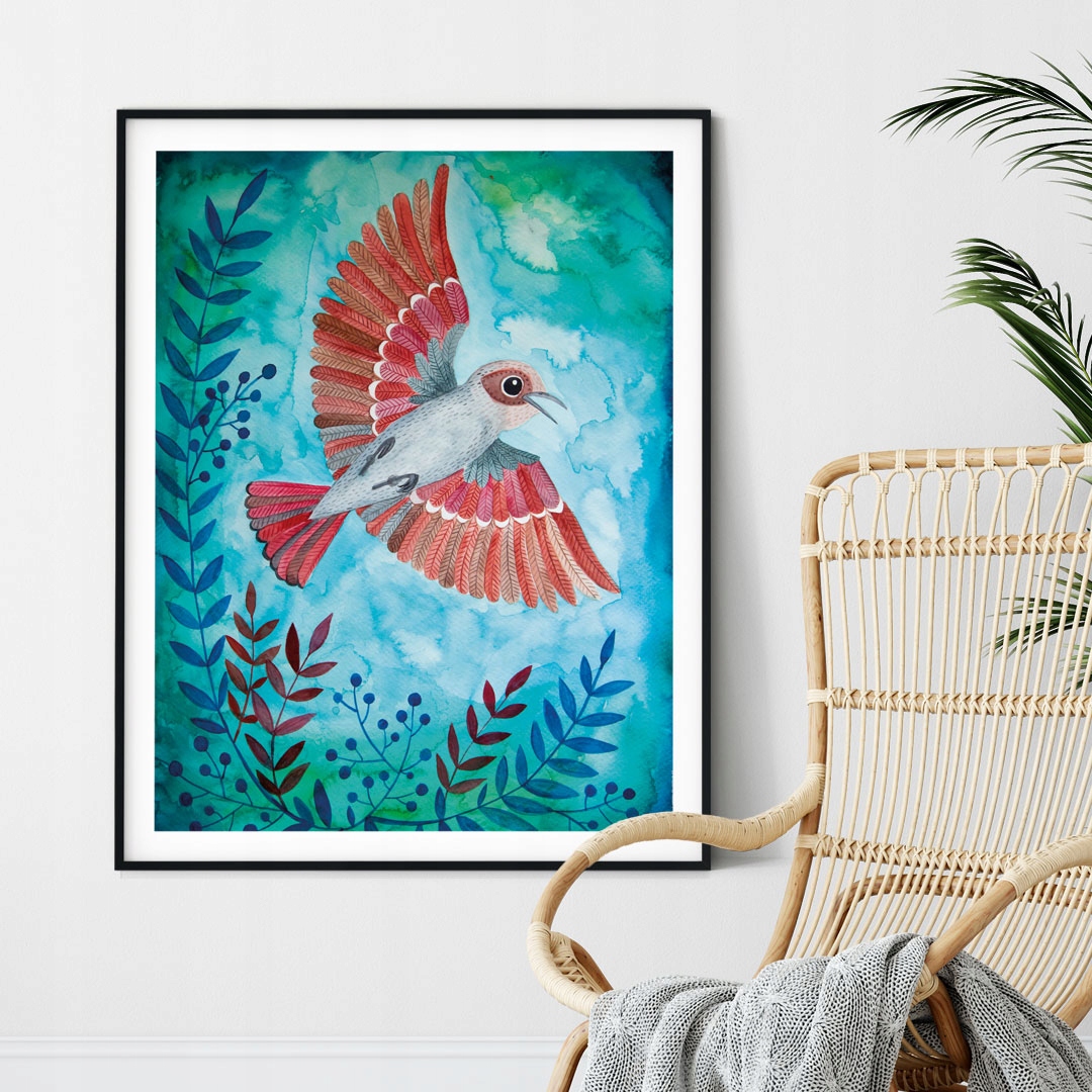 Plakat Ptak Niebo Kwiat Ilustracja Obraz 50x70cm Marka inna