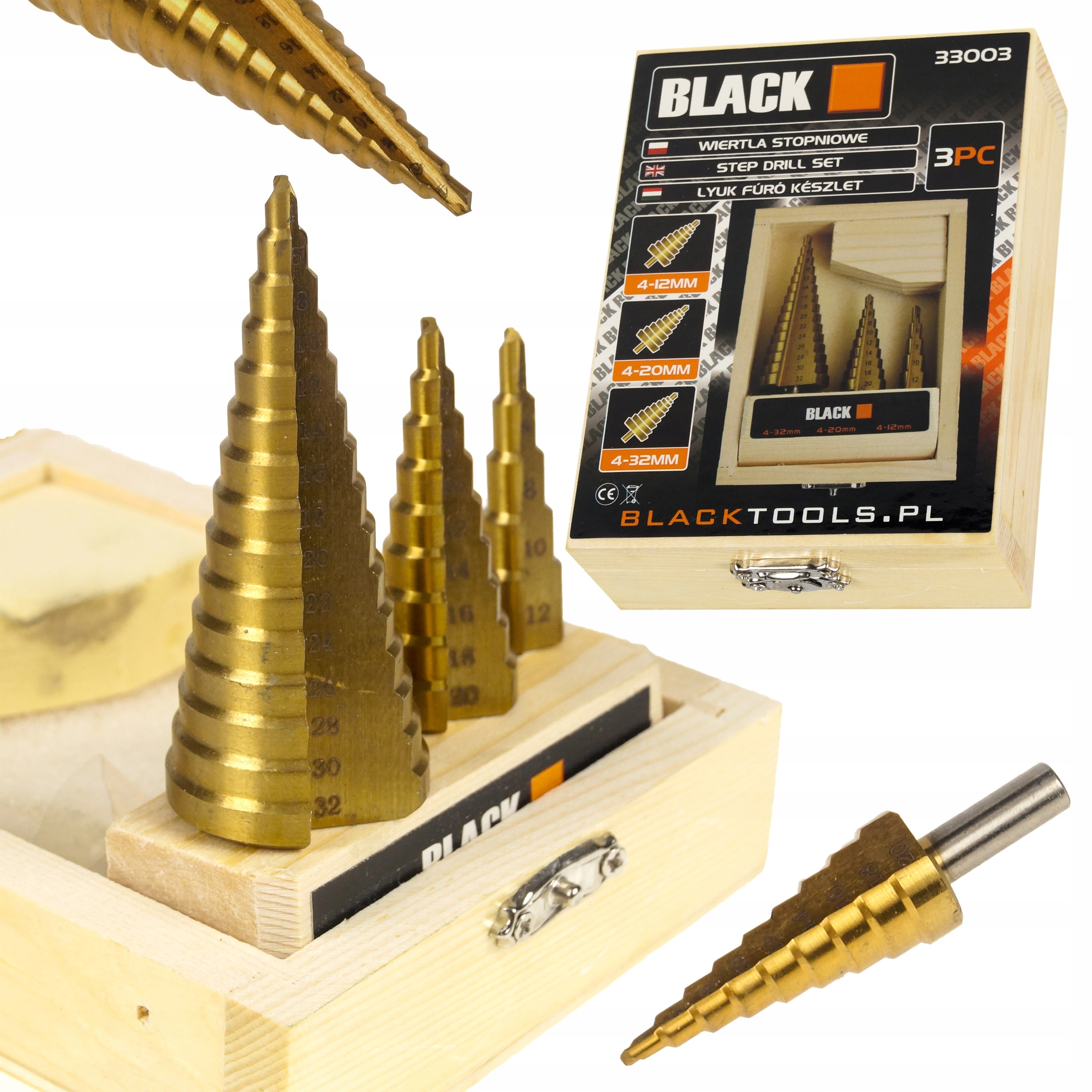 

Wiertła Stopniowe Tytan Hss Stożkowe 3el. 4-32MM