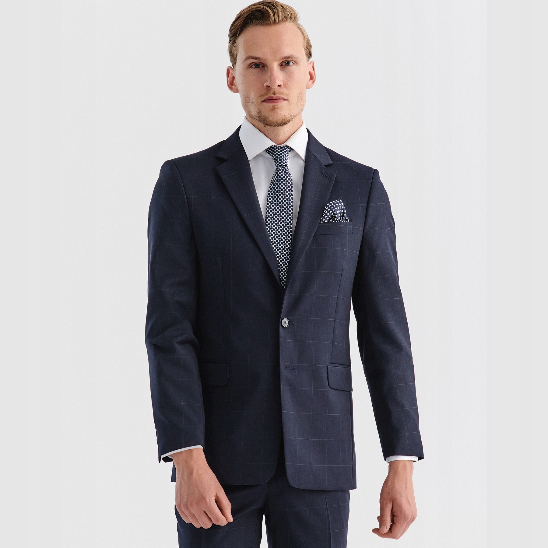 Modrá sako obleková bunda s kostkovaným vzorem Pako Lorente vel