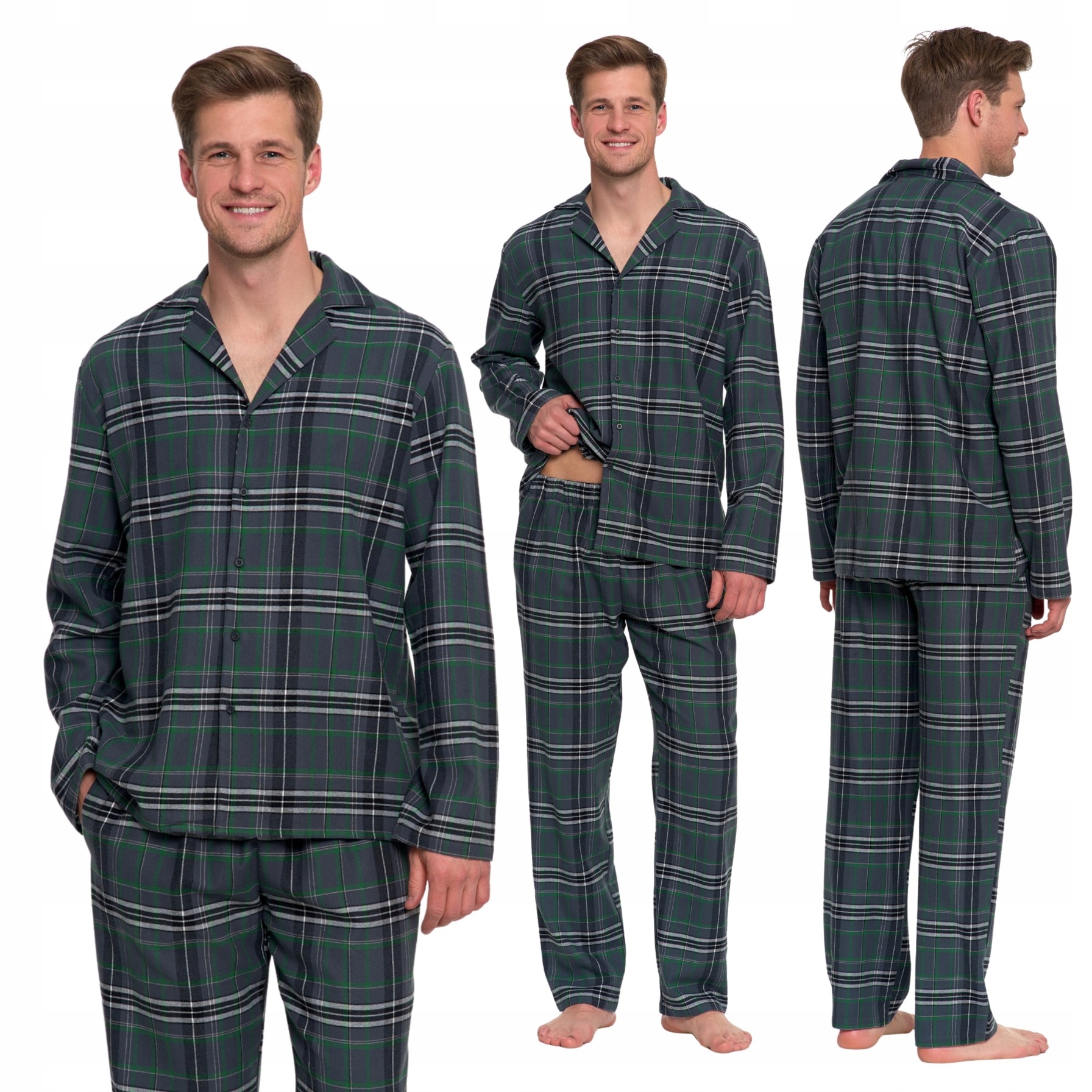 Flanelové Pánské Pyžamo Dvoudílné Dlouhý Rukáv A Kostkované Kalhoty Moraj 4XL