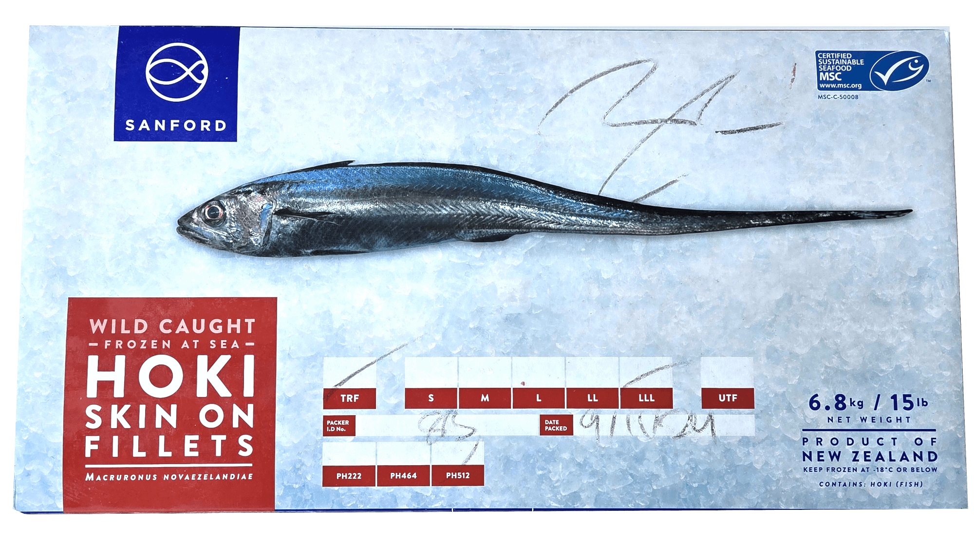Miruna nowozelandzka filet ze skórą 340g+/225-340g Premium 6,8kg suchy lód