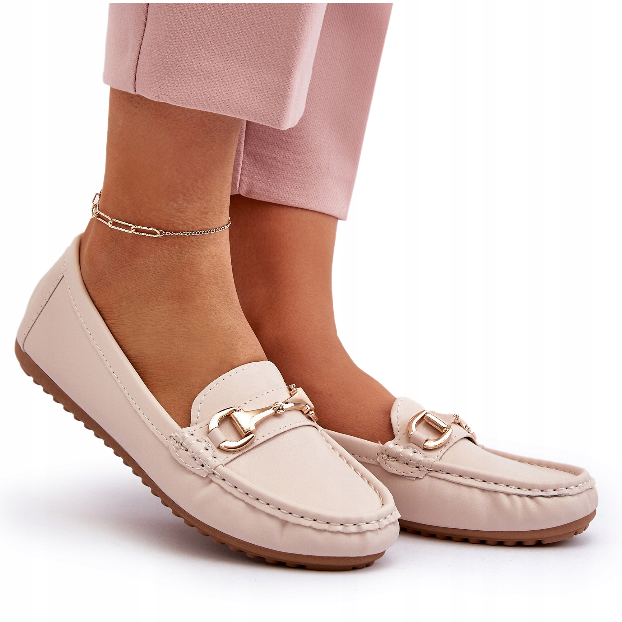 MOKASYNY DAMSKIE Z EKO SKÓRY KLASYCZNE Z OZDOBĄ BEŻOWE 39