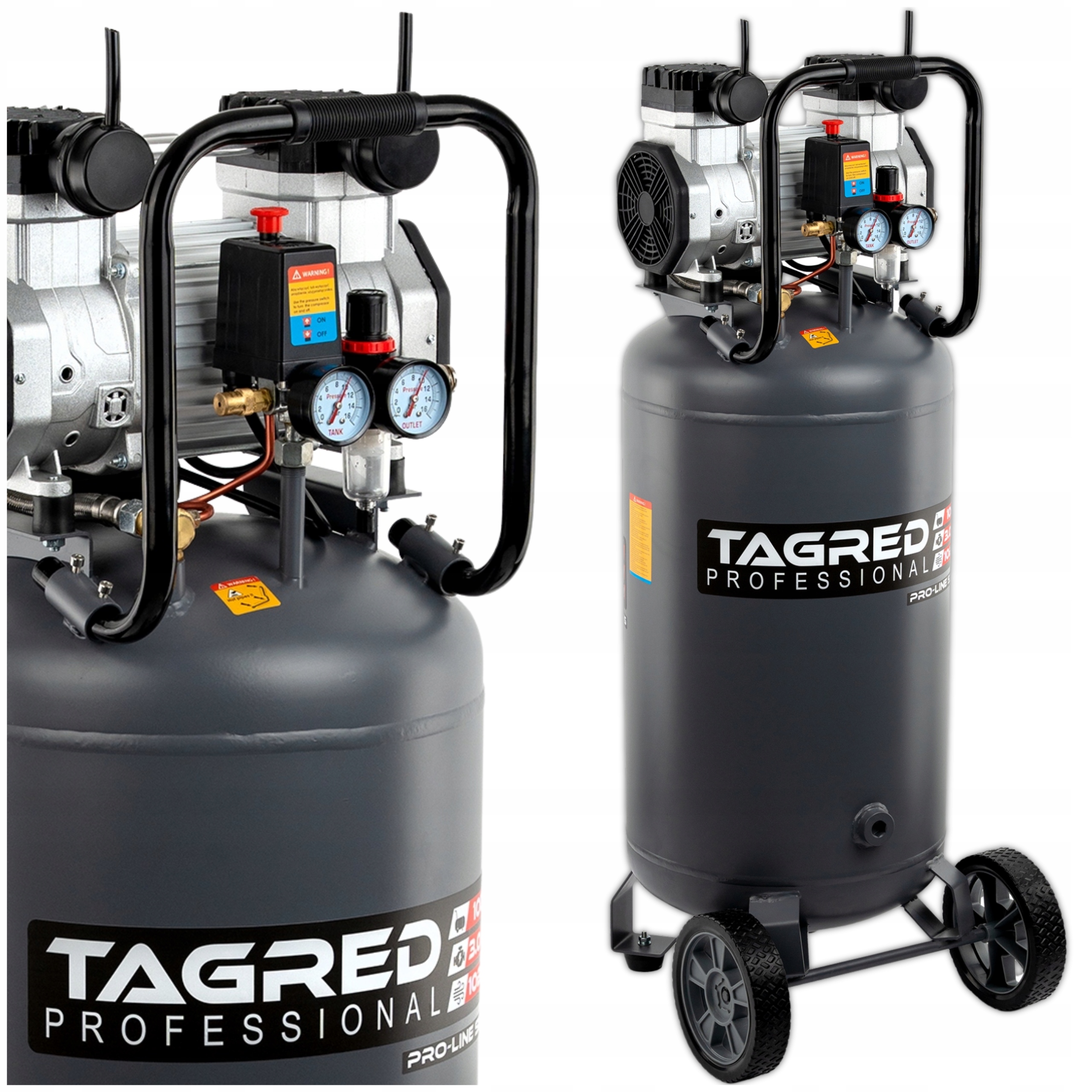 Profesjonalny Kompresor Bezolejowy Pionowy, Stojący 10 Bar 100L R2 Mocny