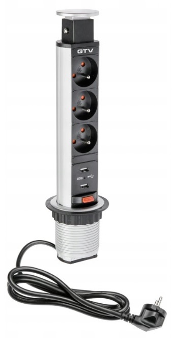 Zapuštěná Stolní Zásuvka Prodlužovací Kabel Lištový Gtv Do Usb Desky, Stříbrná