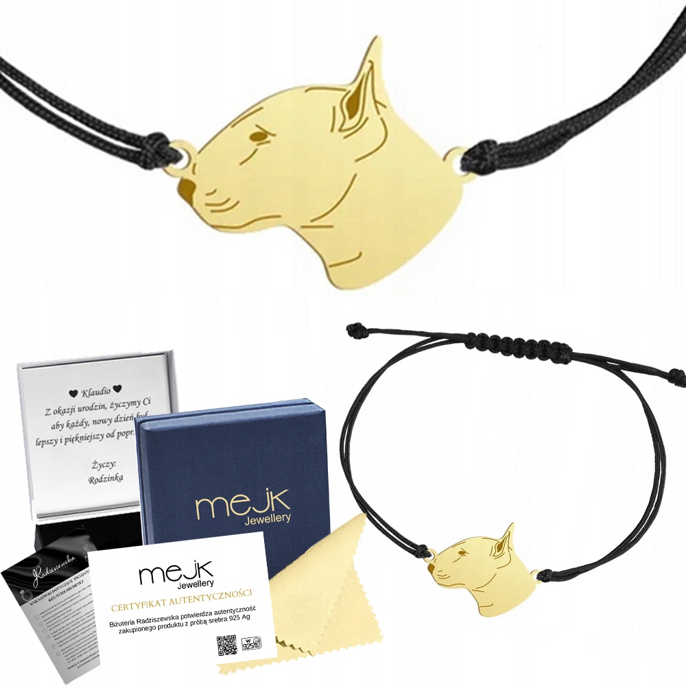 Zlatý náramek English Bullterrier na provázku Dárek Gravírování Bonus