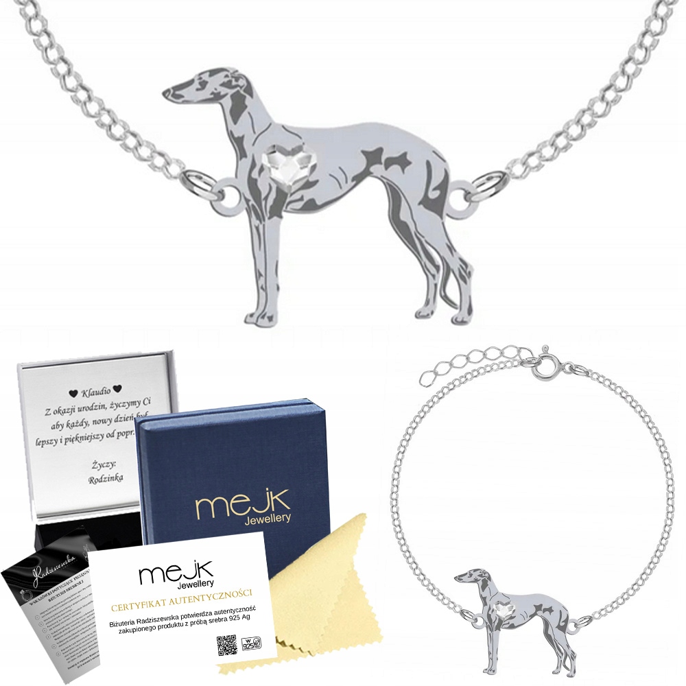 Stříbrný náramek z Galgo Espanol 925 Dárek Žena Gravírování Bonus