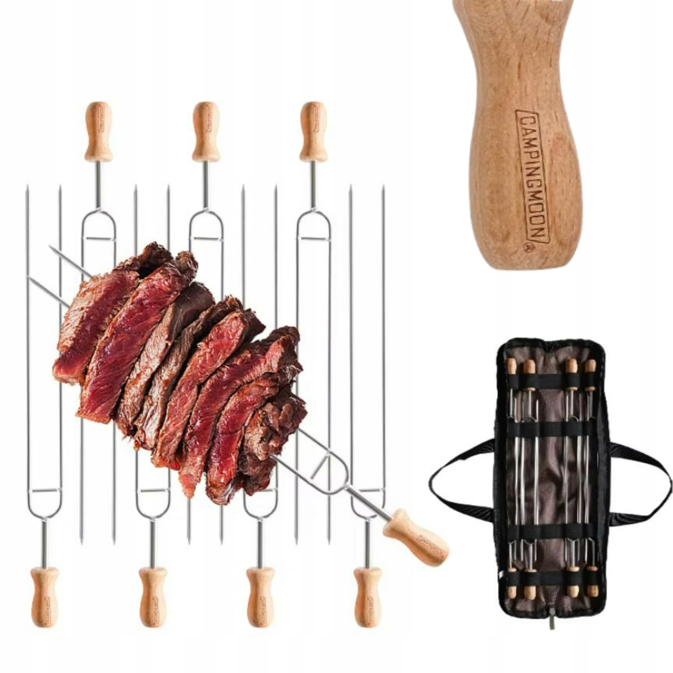 Campingmoon Grilovací Tyčinky Špikulce Nerezová Ocel Dřevo Pouzdro 8 Kusů