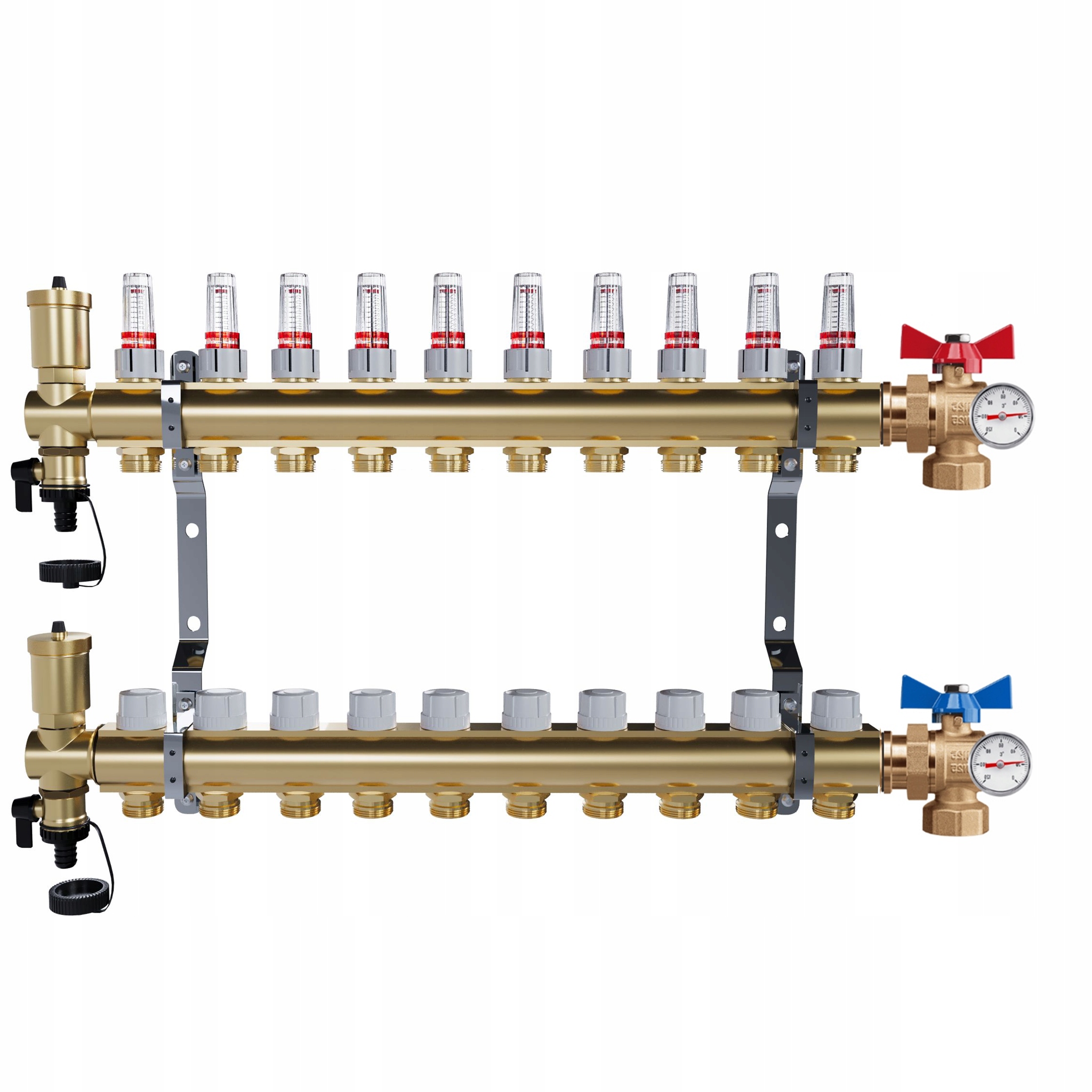 Rozdělovač mosazný Podlahovky 10 okruhů Kulové ventily Teploměr