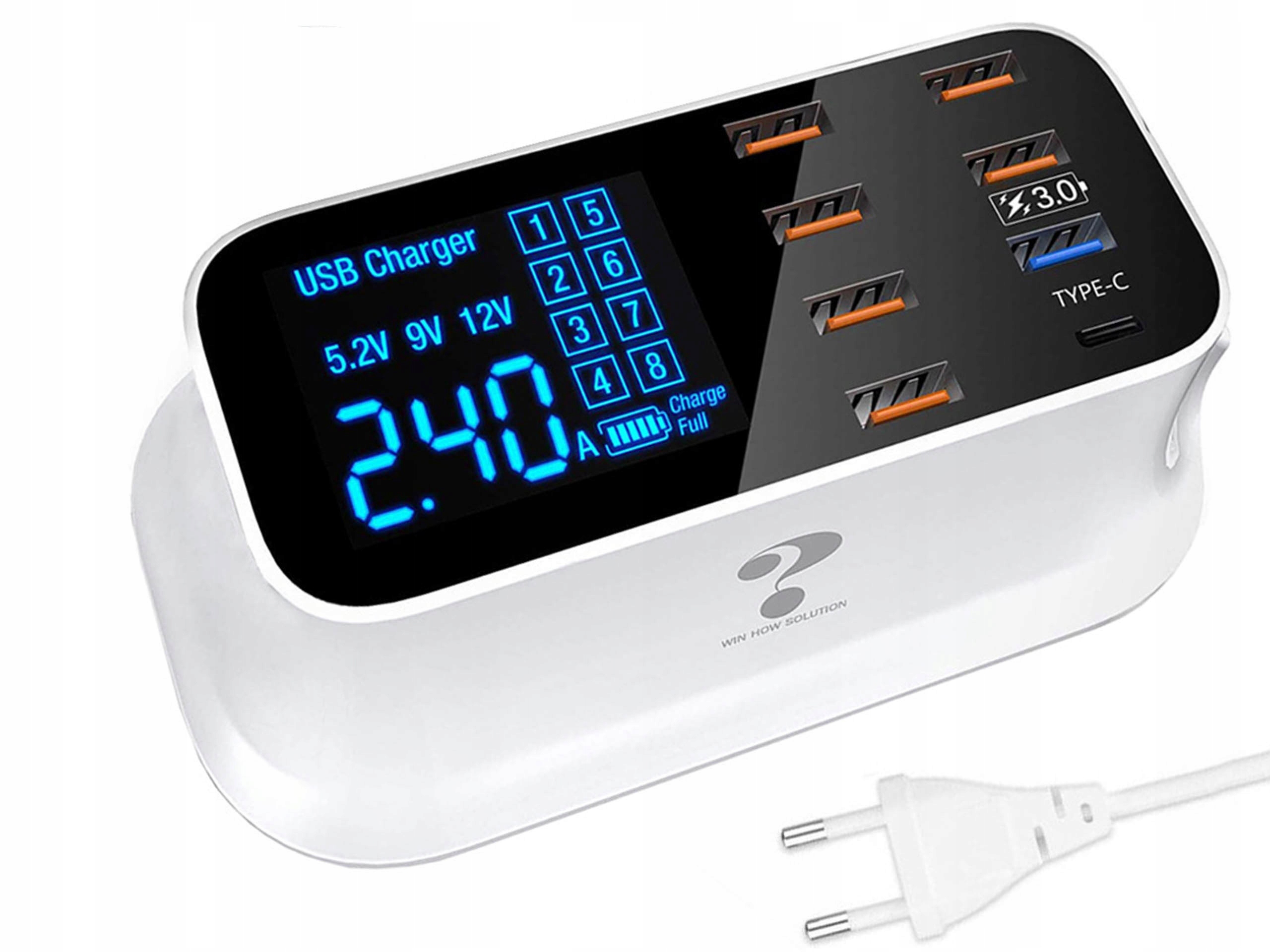 Szybka Ładowarka Sieciowa LCD 8x Usb A C Qc 3.0 Stacja Ładowania Telefonu