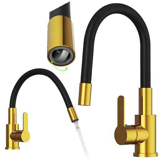 Kuchynská batéria Grado Plus s flexibilným zlatým výtokom a otočným perlátorom
