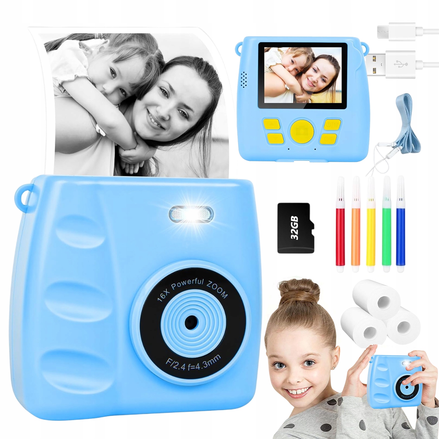 Přenosný Dětský Mini Fotoaparát 30MP Hd 32GB 5 Her S Termotiskárnou Modrá