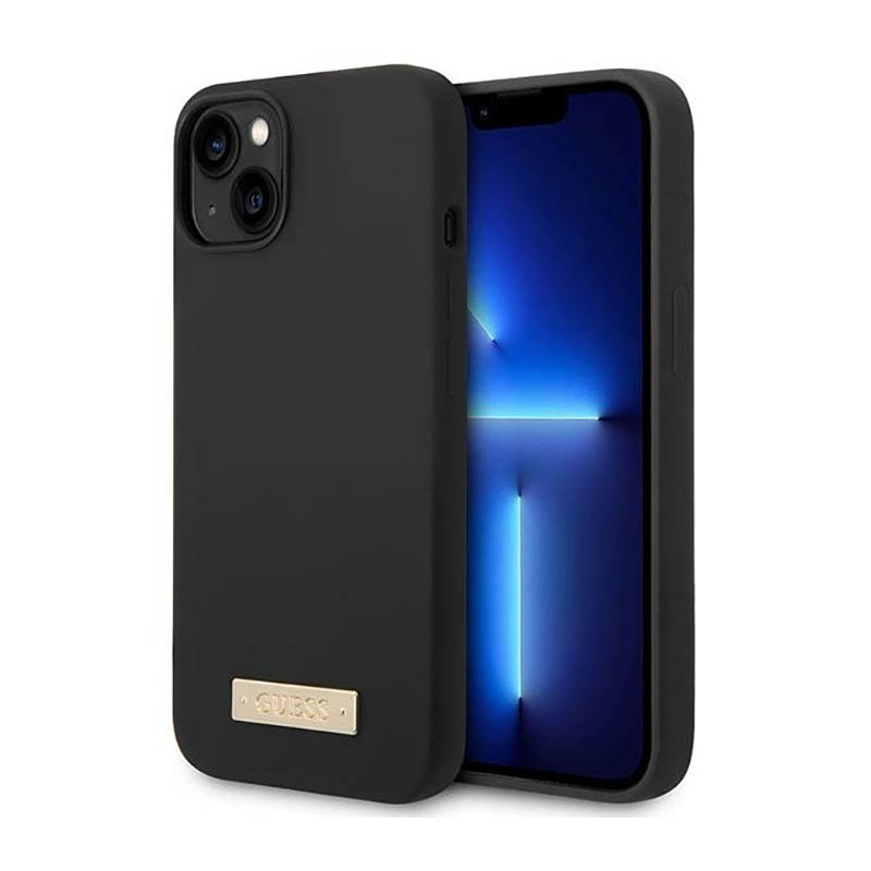 Guess Silicone Logo Plate MagSafe Puzdro na iPhone 14 Plus (čierne)