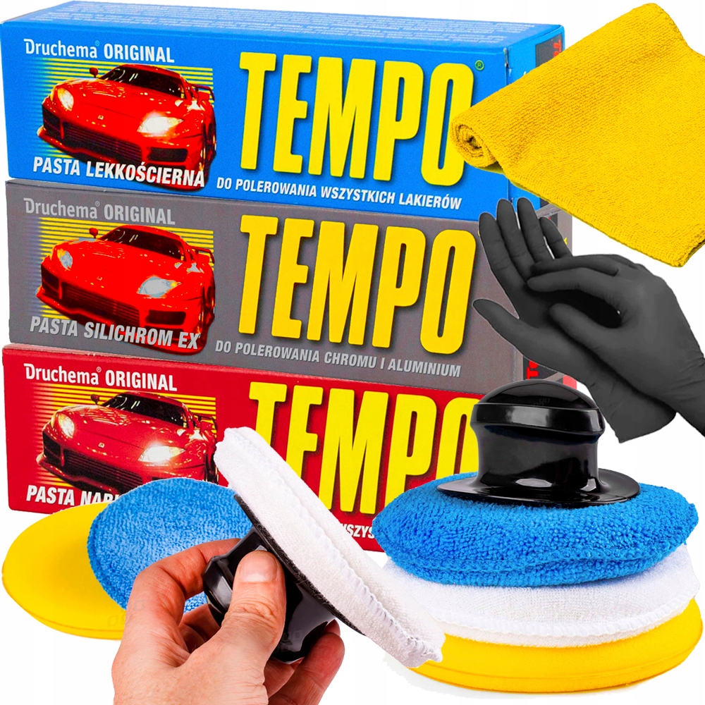 TEMPO PASTA ZESTAW 3 RODZAJE DO POLEROWANIA LAKIERU AURA + GĄBKI APLIKATORY
