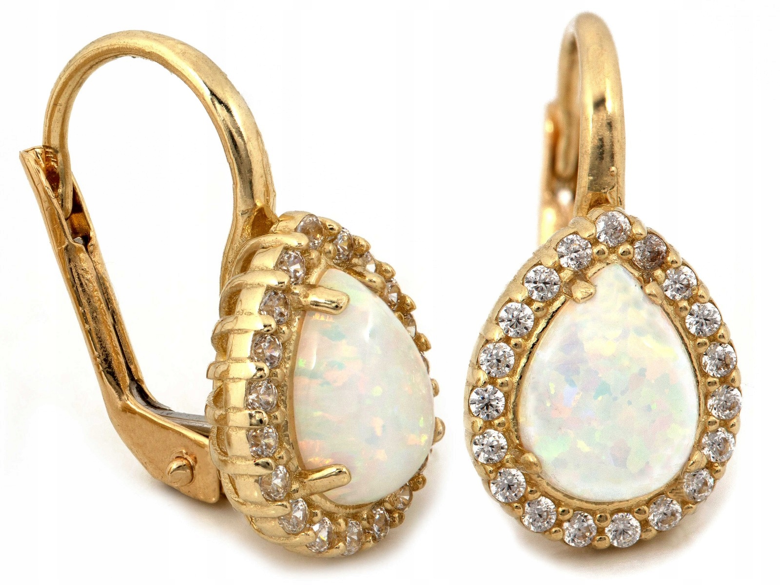 Náušnice zlaté kapky 585 s bílým opálem a zirkony, anglické mandle